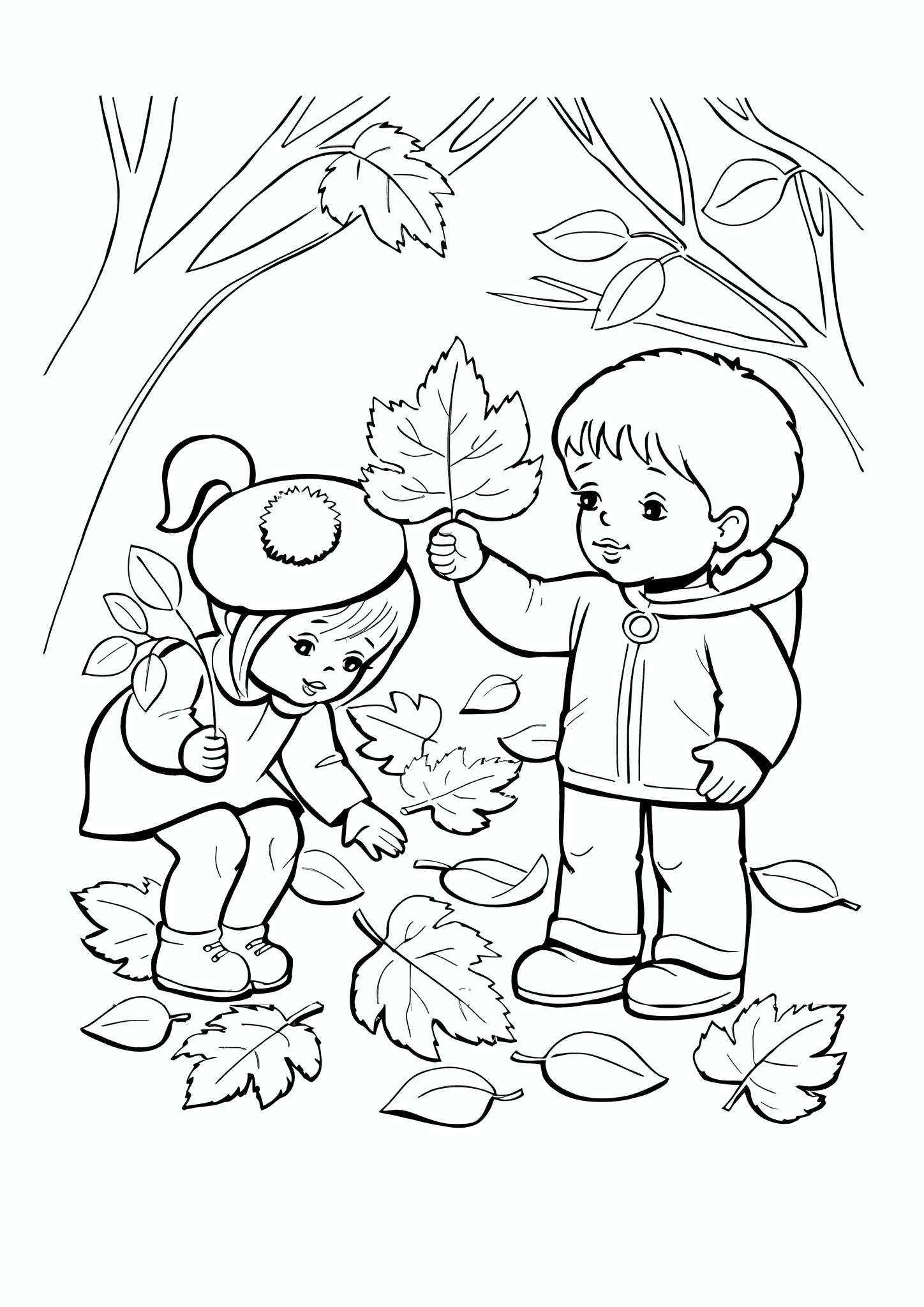 Autumn: Boy and a Girl Picking Leaves