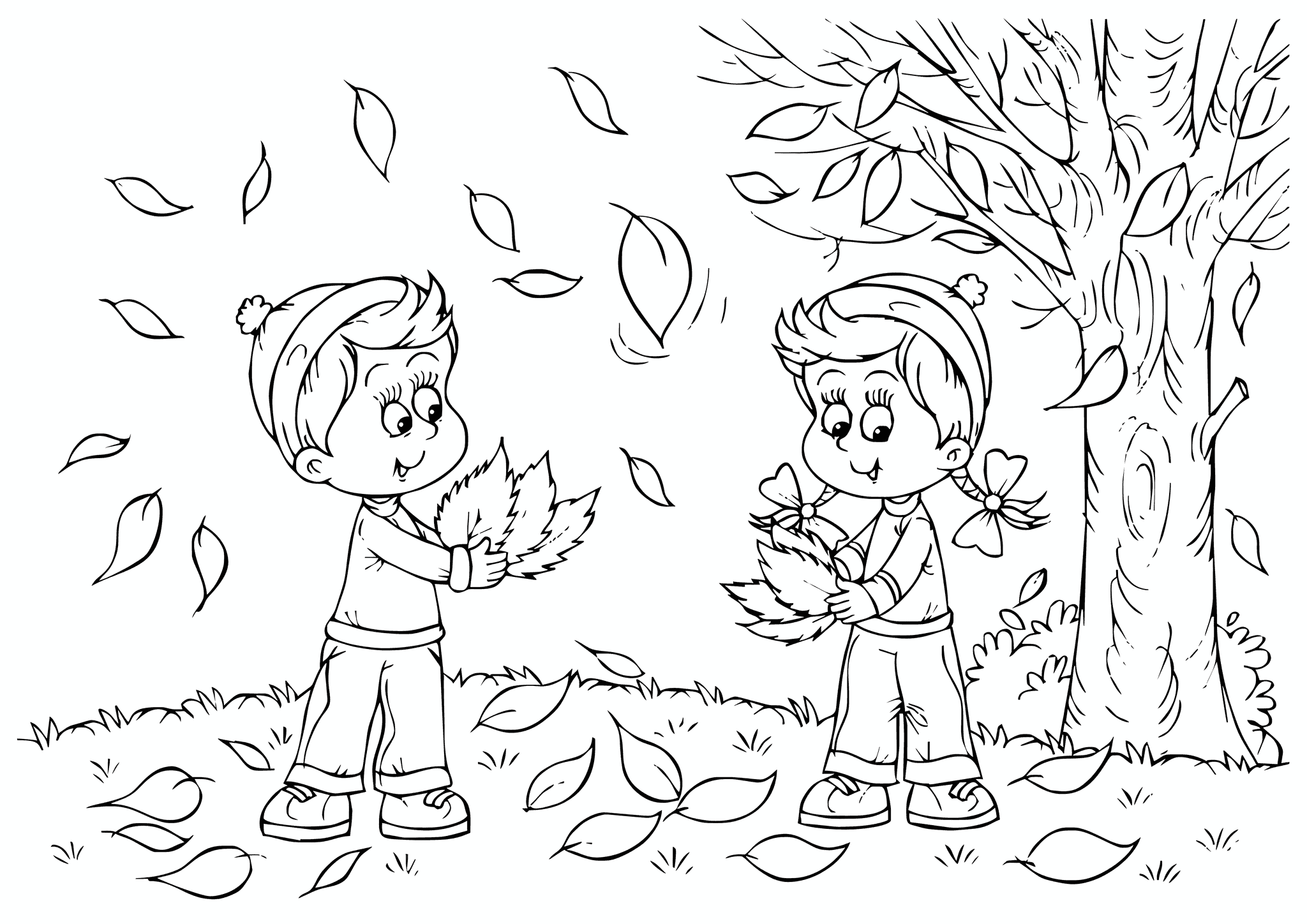 Autumn: Boy and Girl Gather a Bouquet of Leaves