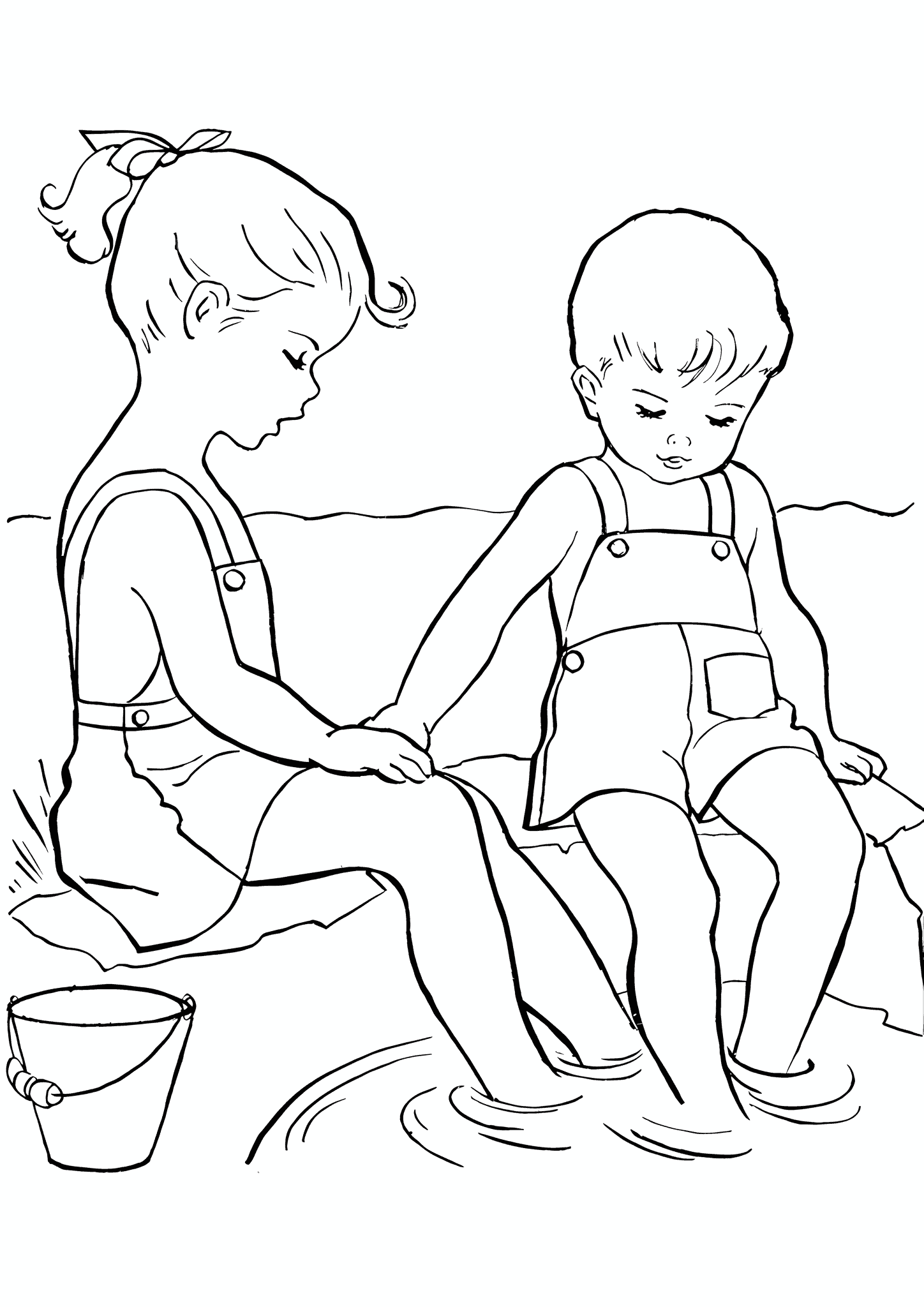Girl and Boy Washing their Feet in the River