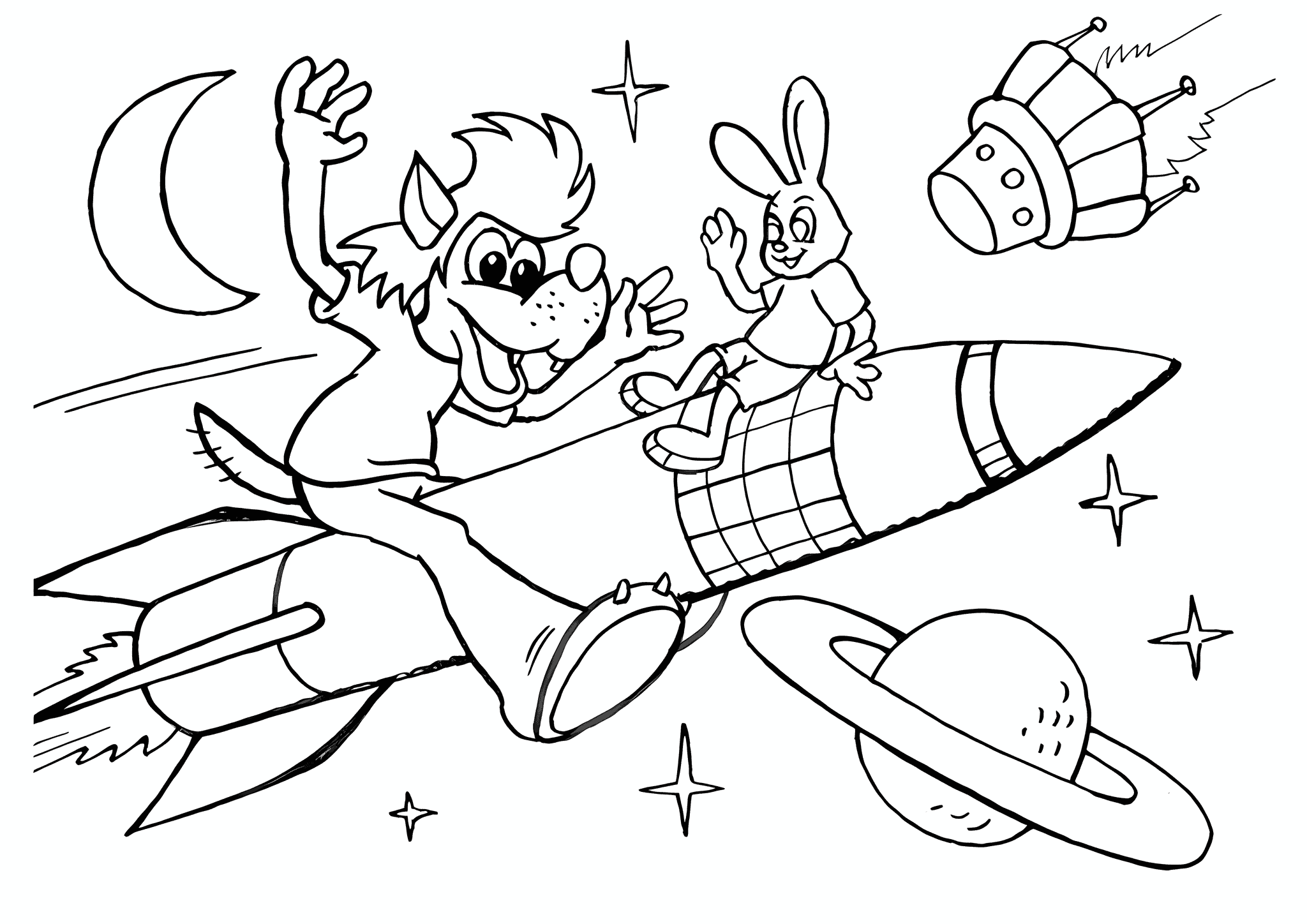 Wolf and Hare Riding a Rocket