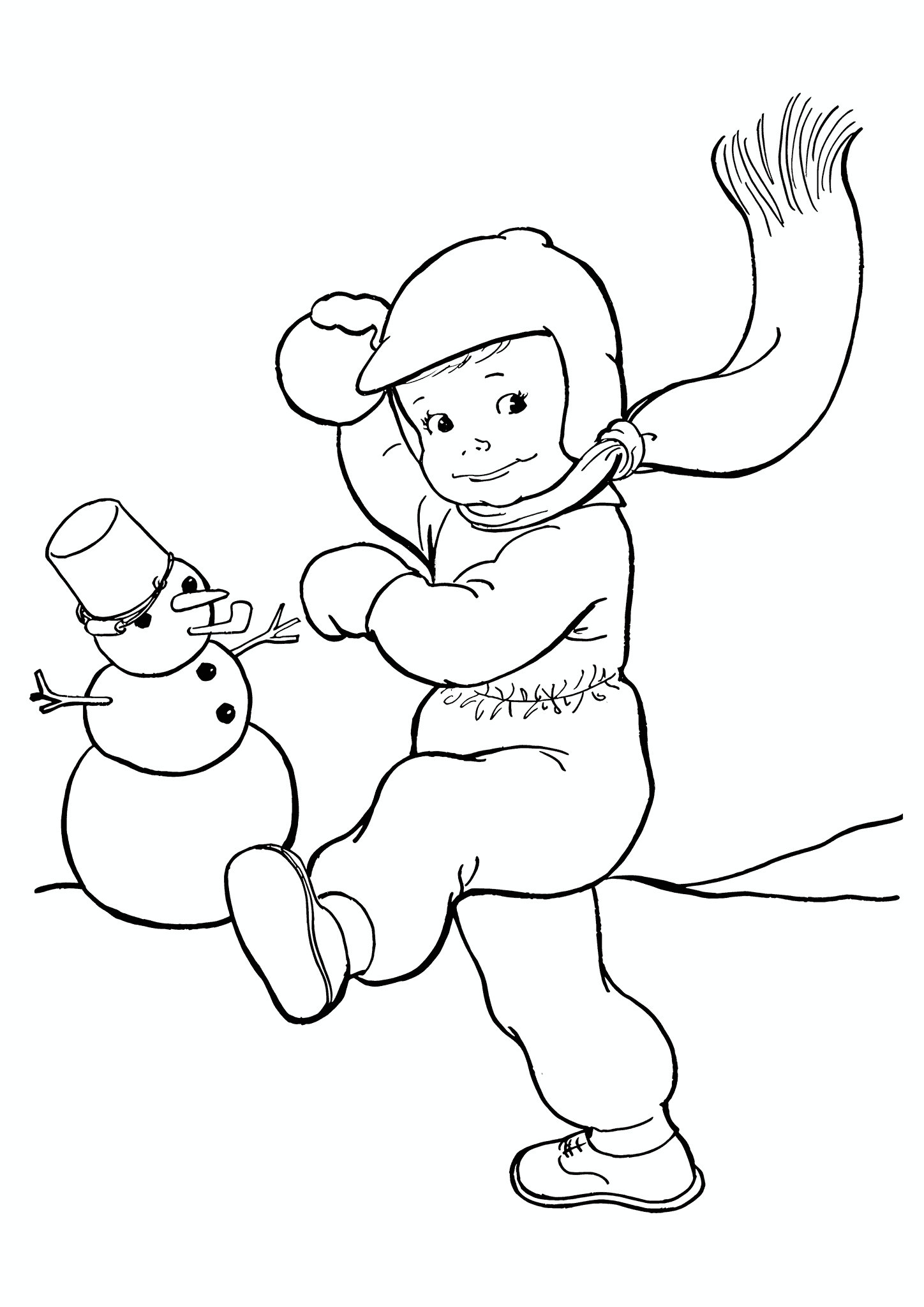Winter: Playing Snowballs with a Snowman