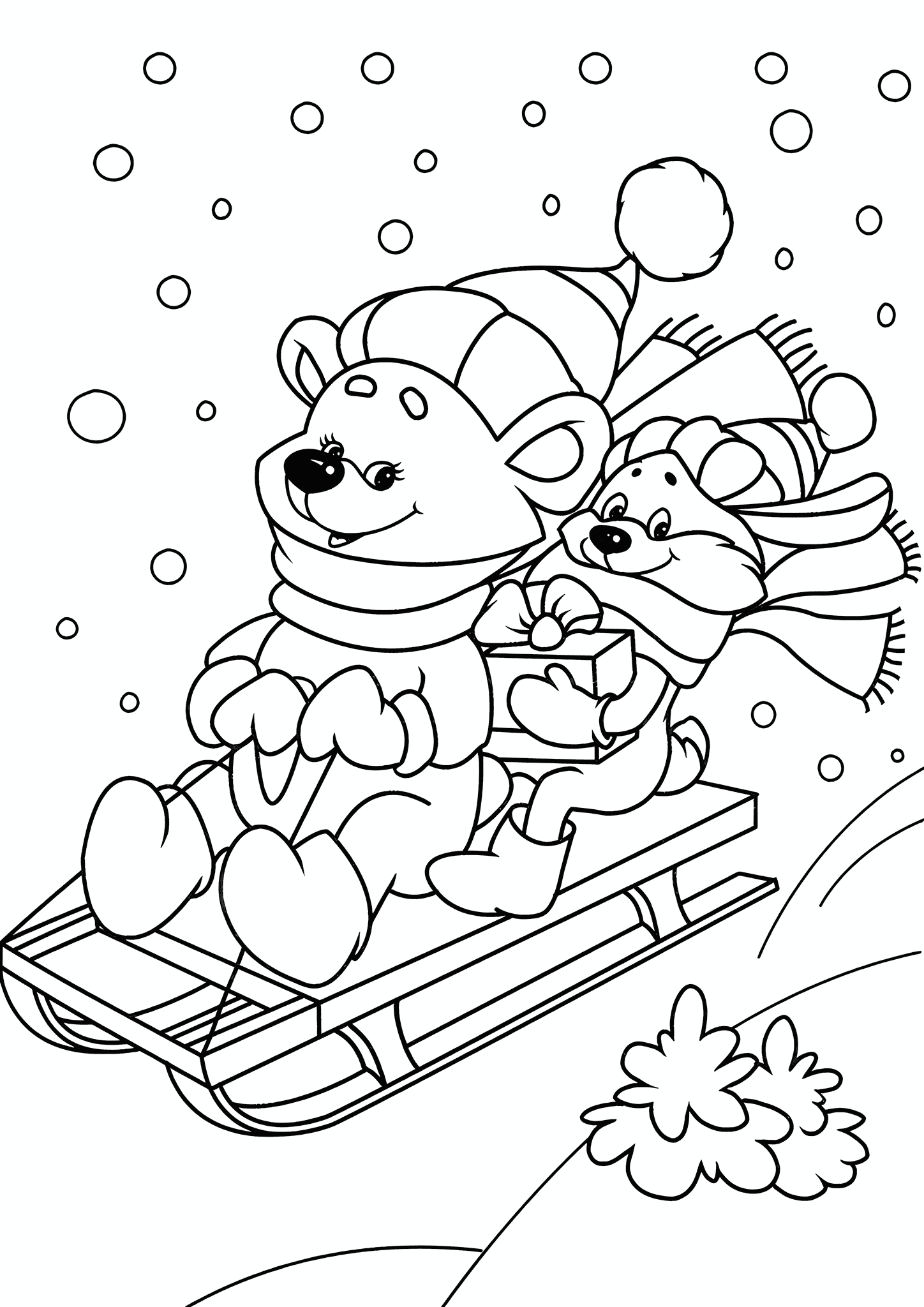 Winter: Bear and Fox on a Sled